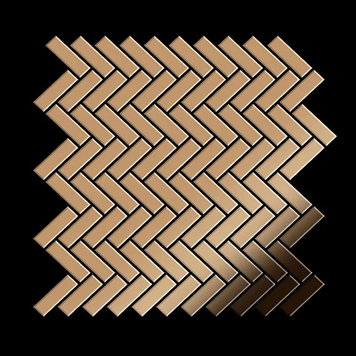ALLOY Mosaikfliese Mosaik Fliese massiv Metall Titan hochglanz kupfer 1,6mm Herringbone-Ti-AM - 309 x 300 mm, Bronze, Hochglänzend - Glänzende bronzefarbene Fischgrätfliesen auf schwarzem Hintergrund.