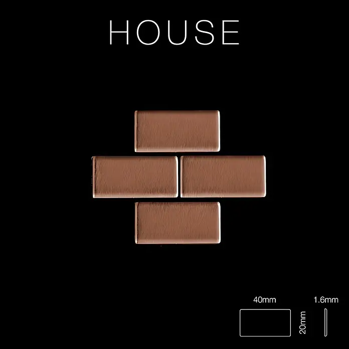 ALLOY Mosaikfliese Mosaik Fliese massiv Metall Kupfer gewalzt kupfer 1,6mm stark House-CM - 318 x 307 mm, Bronze, Sonstiges - Vier gebürstete kupferfarbene rechteckige Fliesen, 40x20x1,6mm, als Pluszeichen angeordnet.