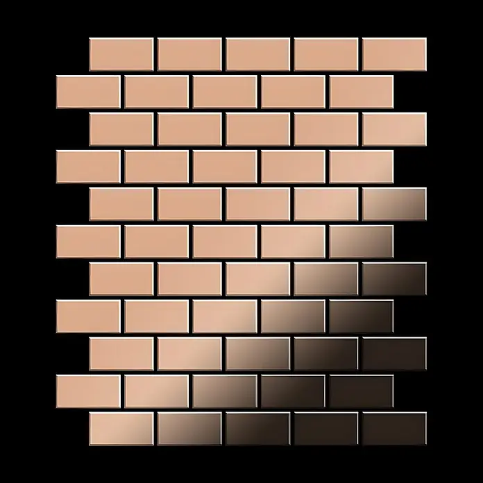 ALLOY Mosaikfliese Mosaik Fliese massiv Metall Kupfer gewalzt kupfer 1,6mm stark House-CM - 318 x 307 mm, Bronze, Sonstiges - Glänzende rechteckige Fliesen im versetzten Muster, mit metallischem Verlauf von hellem Roségold zu Dunkelbronze.