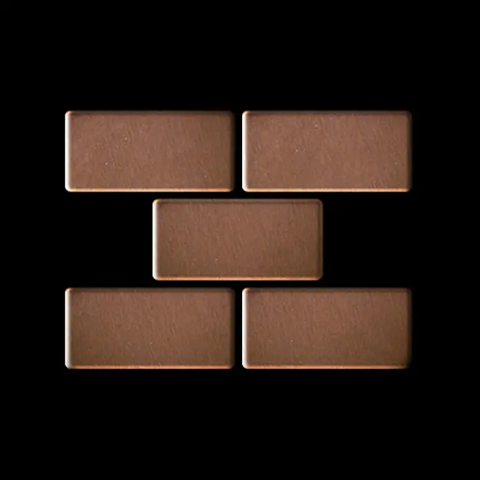ALLOY Mosaikfliese Mosaik Fliese massiv Metall Kupfer gewalzt kupfer 1,6mm stark House-CM - 318 x 307 mm, Bronze, Sonstiges - Fünf rechteckige, braune Metallblöcke angeordnet in einem versetzten Ziegelmuster.