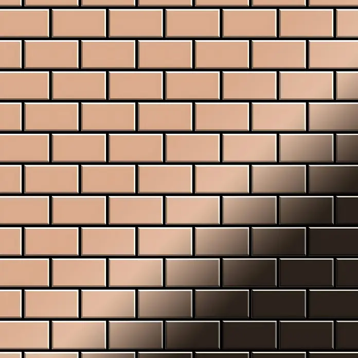 ALLOY Mosaikfliese Mosaik Fliese massiv Metall Kupfer gewalzt kupfer 1,6mm stark House-CM - 318 x 307 mm, Bronze, Sonstiges - Rechteckige Metrofliesen mit Farbverlauf von hellem Beige zu Dunkelbraun, bilden ein dimensionales Wandmuster.
