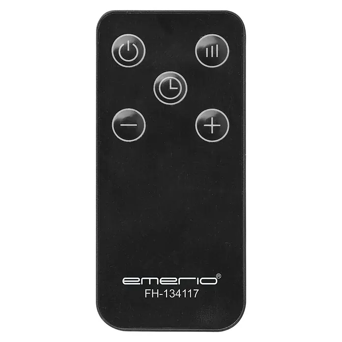 Emerio Keramik-Heizlüfter - Schwarz, 15 m² - Schwarze Kunststoff-Fernbedienung mit Ein-/Aus-, Timer-, Modus-, Plus- und Minustasten und 'Emerio FH-134117' Branding.