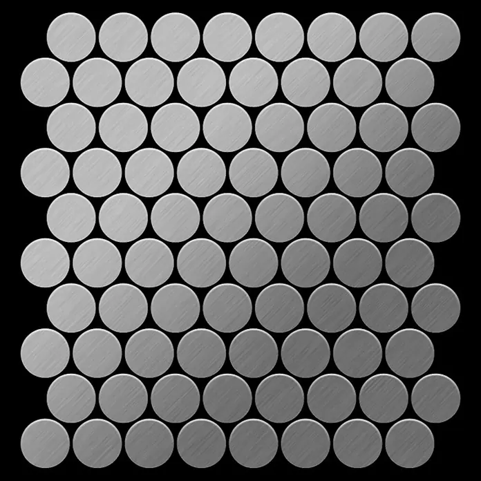 ALLOY Mosaikfliese Mosaik Fliese massiv Edelstahl gebürstet grau 1,6mm stark Dollar-S-S-B - 295 x 322 mm, Grau, Silber, Sonstiges - Runde Mosaikfliesen aus gebürstetem Silbermetall.