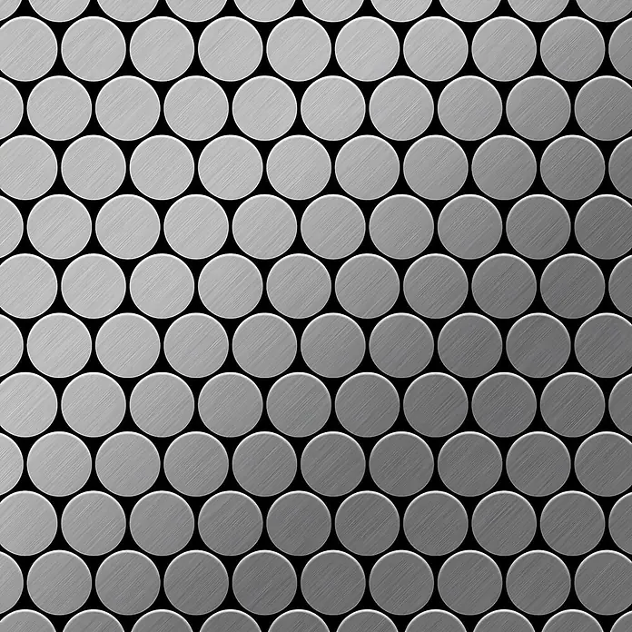 ALLOY Mosaikfliese Mosaik Fliese massiv Edelstahl gebürstet grau 1,6mm stark Dollar-S-S-B - 295 x 322 mm, Grau, Silber, Sonstiges - Nahtloses Muster aus silbergrauen, gebürsteten Metallkreisen, die eine texturierte Oberfläche bilden.
