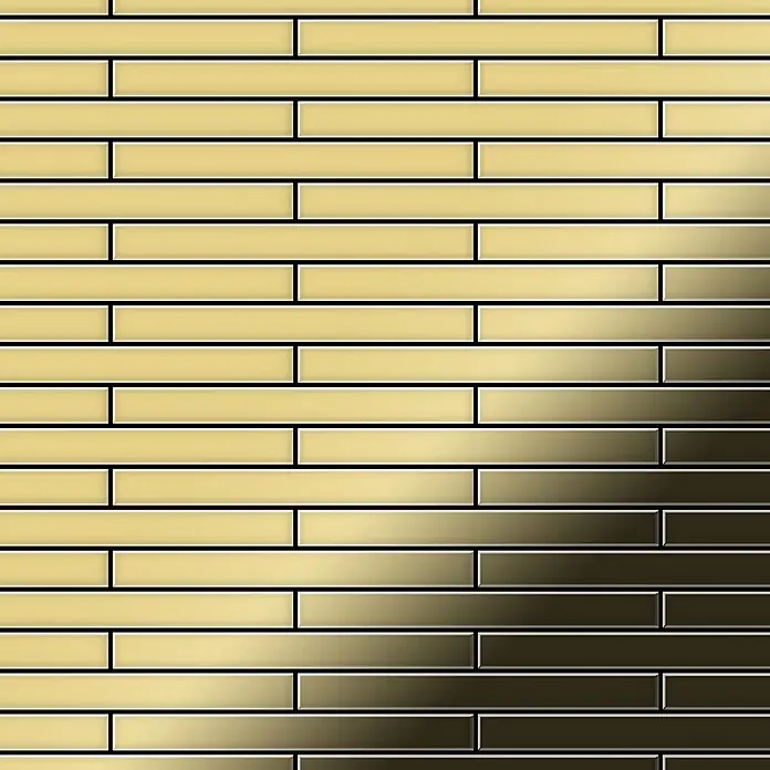 ALLOY Mosaikfliese Mosaik Fliese massiv Metall Messing gewalzt gold 1,6mm stark Deedee-BM - 316 x 247 mm, Gold, Sonstiges - Rechteckige Fliesen in versetztem Muster, von hellbeige zu dunkelbraun verlaufend, glänzend mit dunklen Fugen.