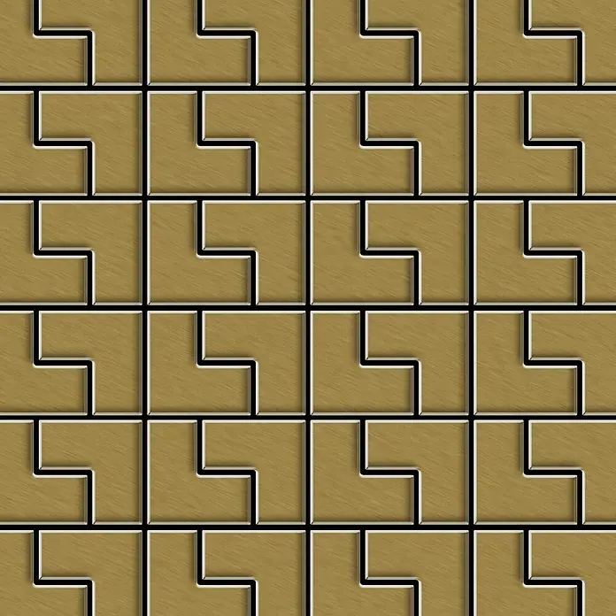 ALLOY Mosaikfliese Mosaik Fliese massiv Metall Titan gebürstet gold 1,6mm stark Kink-Ti-GB - 307 x 304 mm, Gold, Sonstiges - Nahtloses Muster aus ineinandergreifenden L-förmigen Fliesen aus gebürstetem Goldmetall, das eine geometrische Textur bildet.