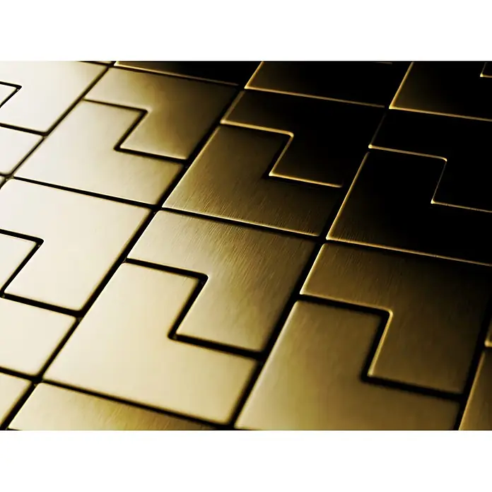 ALLOY Mosaikfliese Mosaik Fliese massiv Metall Titan gebürstet gold 1,6mm stark Kink-Ti-GB - 307 x 304 mm, Gold, Sonstiges - Gebürstete messingfarbene geometrische ineinandergreifende Fliesen, Licht reflektierend.