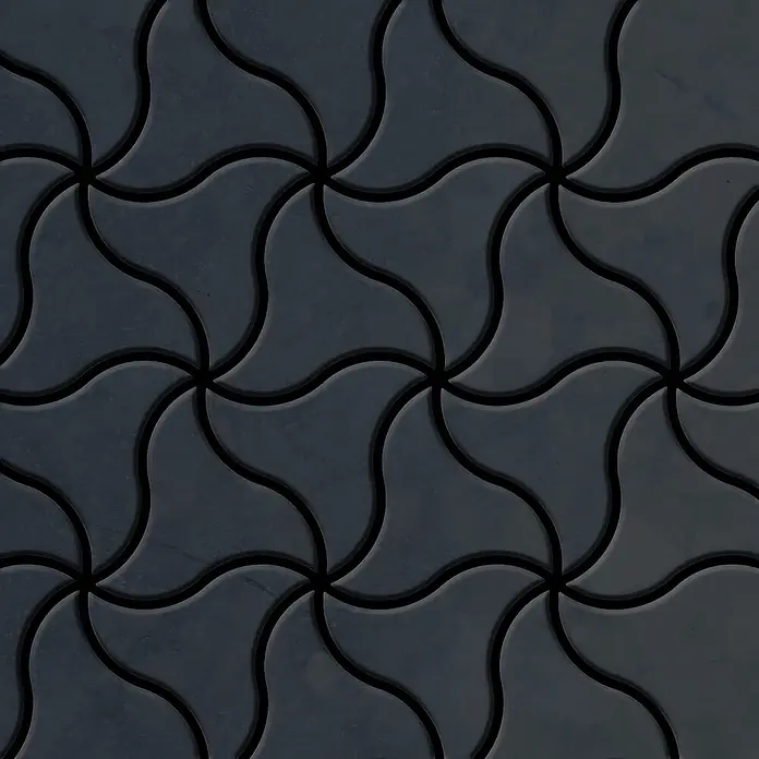 ALLOY Mosaikfliese Mosaik Fliese massiv Metall Rohstahl gewalzt grau 1,6mm stark Ninja-RS - 313 x 255 mm, Grau, Sonstiges - Dunkelgraue, ineinandergreifende Pflastersteine bilden ein wellenförmiges, geometrisches Muster.