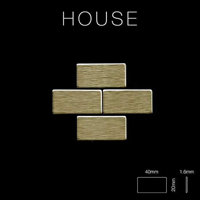 ALLOY Mosaikfliese Mosaik Fliese massiv Metall Titan gebürstet gold 1,6mm stark House-Ti-GB - 318 x 307 mm, Gold, Sonstiges - Vier gebürstete, goldene, rechteckige Metallplättchen, 40x20x1.6mm, kreuzförmig angeordnet.