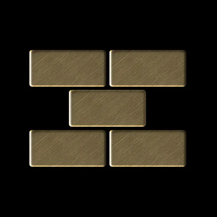 ALLOY Mosaikfliese Mosaik Fliese massiv Metall Titan gebürstet gold 1,6mm stark House-Ti-GB - 318 x 307 mm, Gold, Sonstiges - Fünf metallische, goldbraune rechteckige Blöcke in Ziegelmuster-Anordnung.