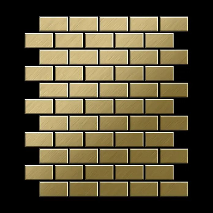 ALLOY Mosaikfliese Mosaik Fliese massiv Metall Titan gebürstet gold 1,6mm stark House-Ti-GB - 318 x 307 mm, Gold, Sonstiges - Gebürstete goldene Metallrechteckfliesen im versetzten Ziegelmuster angeordnet.