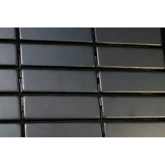 ALLOY Mosaikfliese Mosaik Fliese massiv Metall Rohstahl gewalzt grau 1,6mm stark Cabin-RS - 316 x 329 mm, Grau, Sonstiges - Rechteckige, dunkle Metallmosaikfliesen in einem Gittermuster.