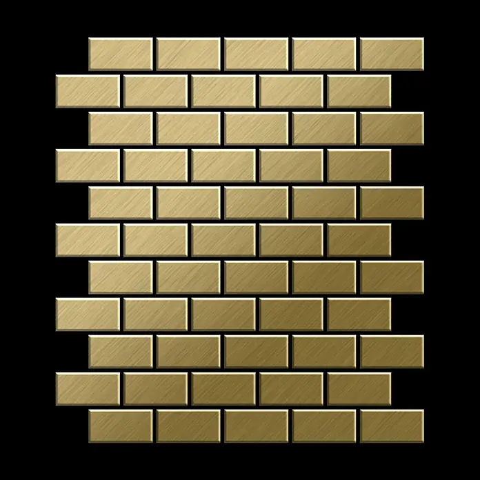 ALLOY Mosaikfliese Mosaik Fliese massiv Metall Titan gebürstet gold 1,6mm stark House-Ti-GB - 318 x 307 mm, Gold, Sonstiges - Gebürstete goldfarbene rechteckige Metallfliesen im Ziegelmuster.