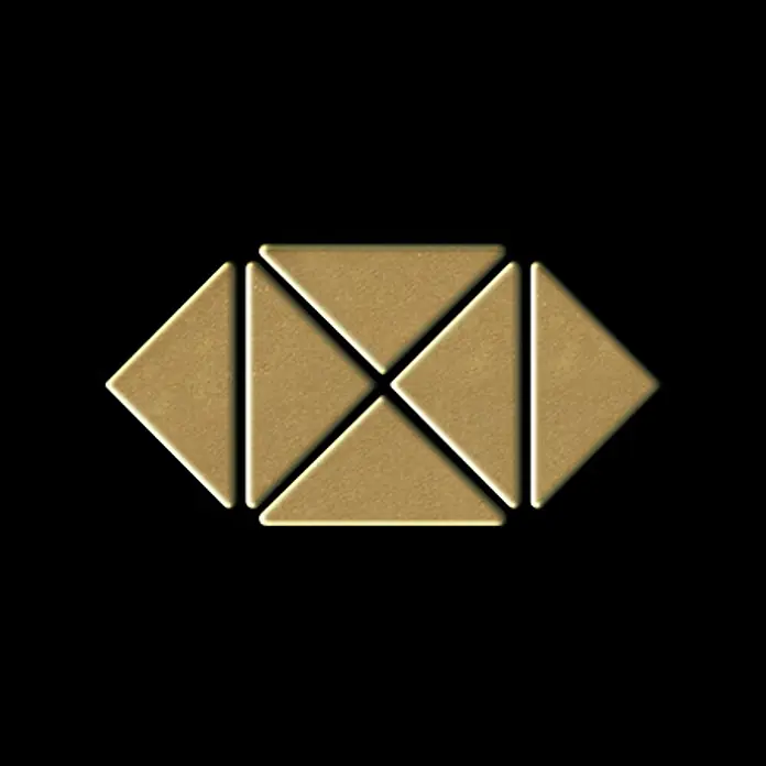 ALLOY Mosaikfliese Mosaik Fliese massiv Metall Messing gewalzt gold 1,6mm stark Deco-BM - 303 x 303 mm, Gold, Sonstiges - Goldenes geometrisches Emblem aus Dreiecken.