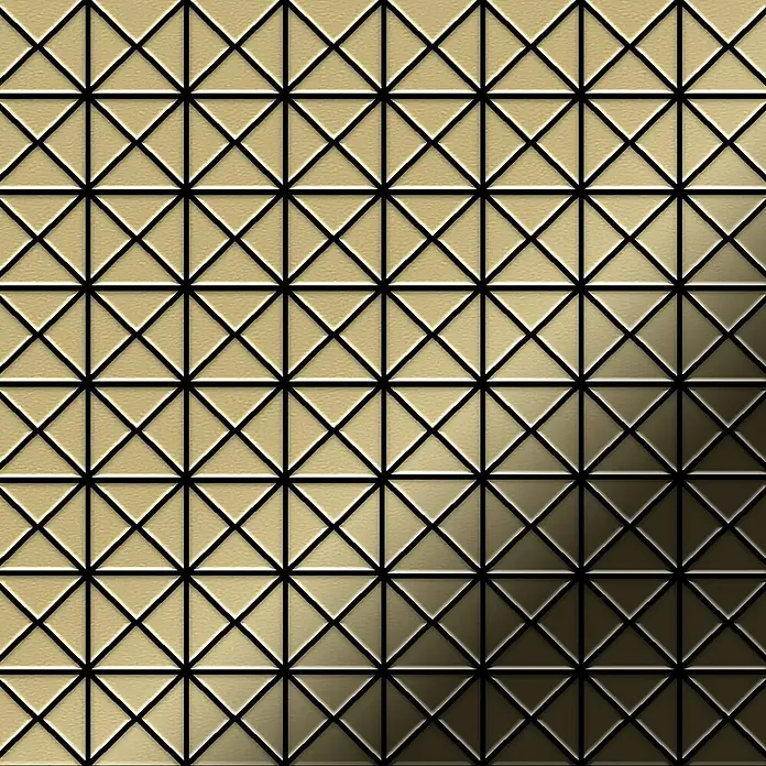 ALLOY Mosaikfliese Mosaik Fliese massiv Metall Messing gewalzt gold 1,6mm stark Deco-BM - 303 x 303 mm, Gold, Sonstiges - Metallisches goldenes geprägtes geometrisches Dreiecksmuster.