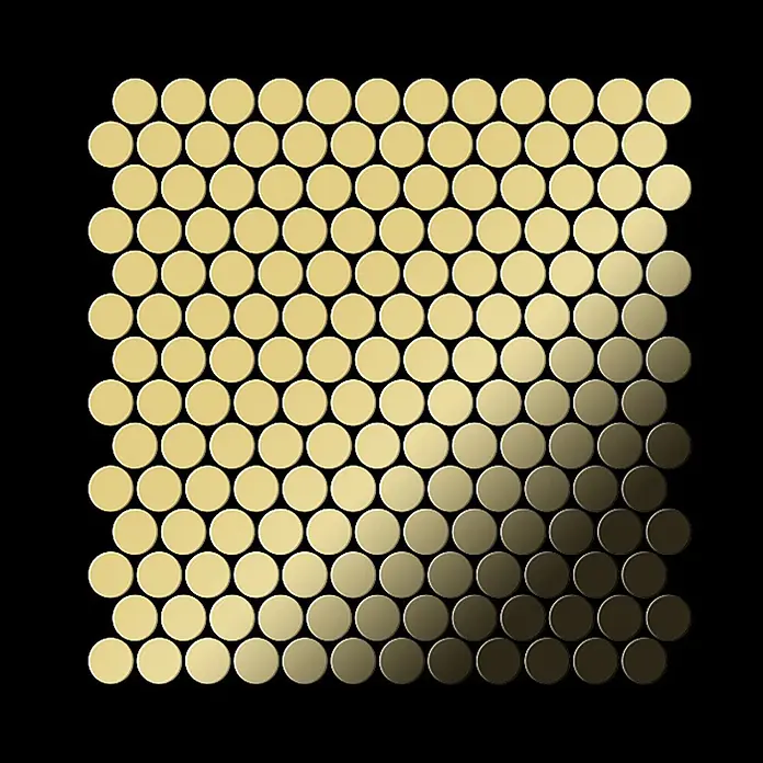 ALLOY Mosaikfliese Mosaik Fliese massiv Metall Messing gewalzt gold 1,6mm stark Penny-BM - 302 x 316 mm, Gold, Sonstiges - Runde goldene Mosaikfliesen mit Farbverlauf von hell- zu dunkelmessing.