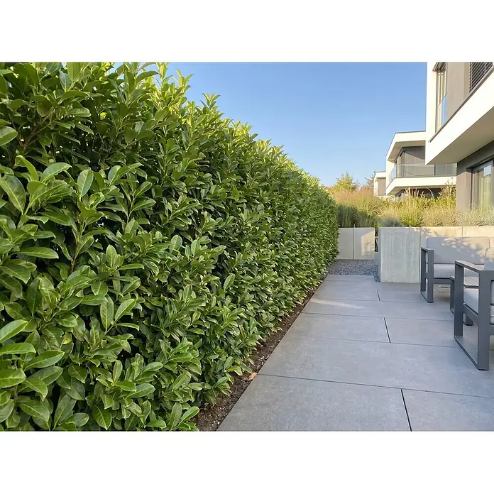 Piardino Kirschlorbeer Genolia - Aktuelle Wuchshöhe: 100 cm - 125 cm, Prunus laurocerasus 'Genolia', Topfgröße: 30 cm, 30 Stk. - Dichte grüne Hecke grenzt an eine moderne graue Terrasse mit Gartenstühlen und zeitgenössischer Architektur.