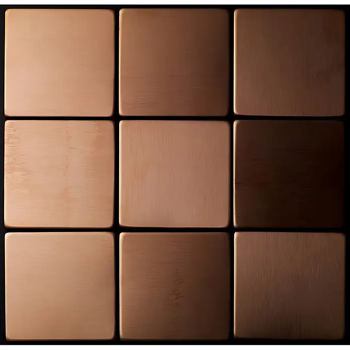 ALLOY Mosaikfliese Mosaik Fliese massiv Metall Kupfer gewalzt kupfer 1,6mm stark Attica-CM - 295 x 295 mm, Bronze, Sonstiges - Neun quadratische Metallfliesen mit abgerundeten Ecken, die verschiedene gebürstete Kupfer- und Bronzetöne zeigen.