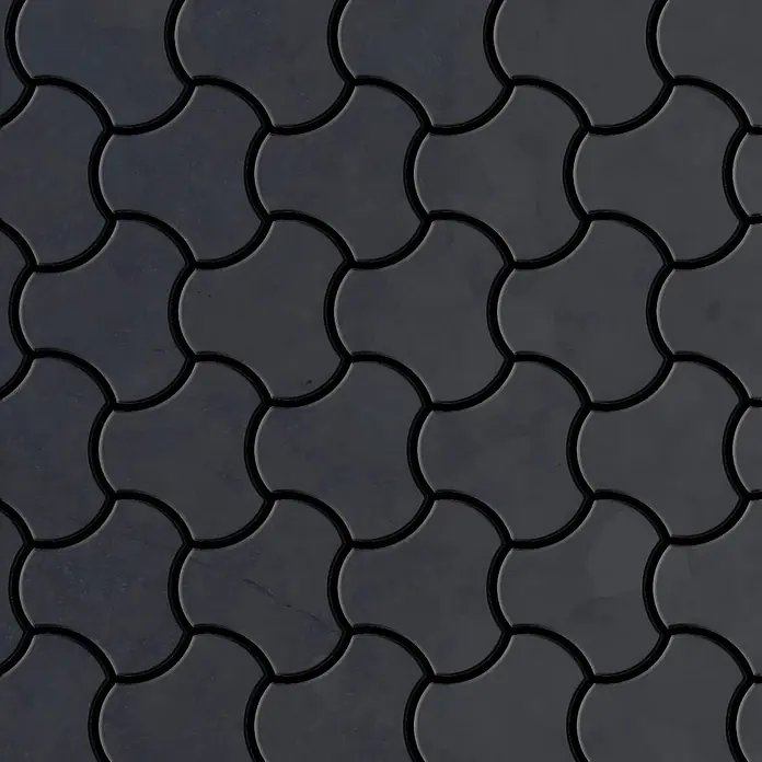 ALLOY Mosaikfliese Mosaik Fliese massiv Metall Rohstahl gewalzt grau 1,6mm stark Ubiquity-RS - 270 x 325 mm, Grau, Sonstiges - Dunkelgraue, ineinandergreifende Pflastersteine mit geschwungenem Muster.