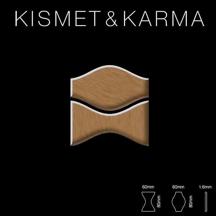 ALLOY Mosaikfliese Mosaik Fliese massiv Titan gebürstet kupfer 1,6mm Kismet & Karma-Ti-AB - 299 x 299 mm, Bronze, Sonstiges - Hellbraunes hölzernes Schwalbenschwanz-Intarsien- oder Verbindungsteil. Diagramme zeigen 60x80mm Profile und 1,6mm Dicke.