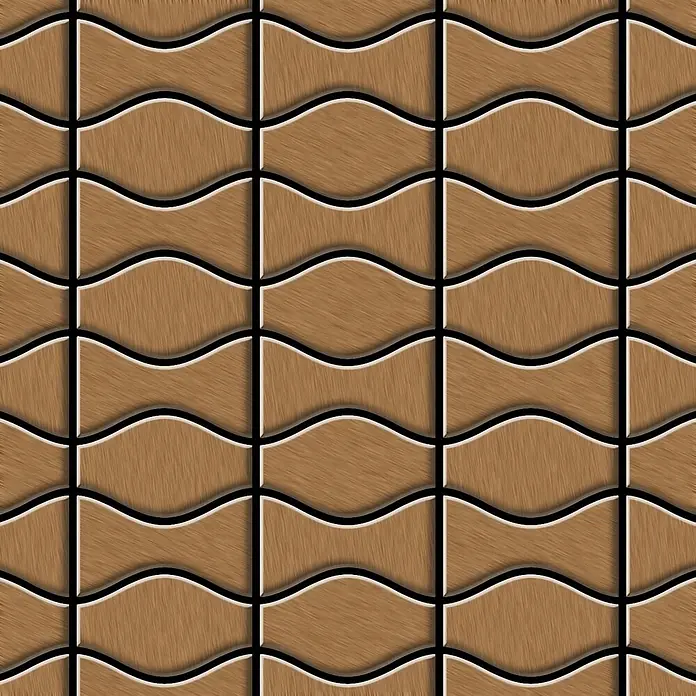 ALLOY Mosaikfliese Mosaik Fliese massiv Titan gebürstet kupfer 1,6mm Kismet & Karma-Ti-AB - 299 x 299 mm, Bronze, Sonstiges - Nahtloses Muster aus braunen Holzwellenfliesen mit schwarzen Umrissen für einen dekorativen 3D-Effekt.