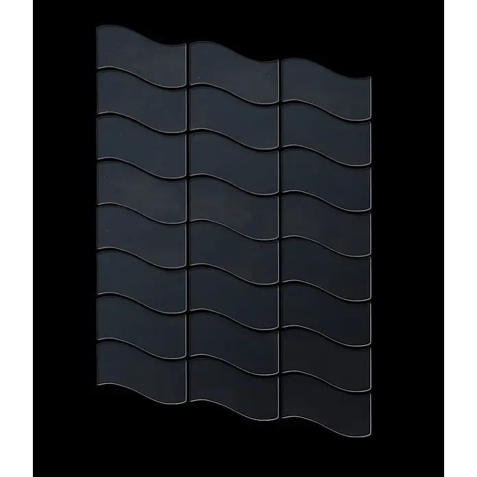ALLOY Mosaikfliese Mosaik Fliese massiv Metall Rohstahl gewalzt grau 1,6mm stark Flux-RS - 318 x 305 mm, Grau, Sonstiges - Glänzende dunkelgraue wellenförmige Fliesen in einem Gitter angeordnet.