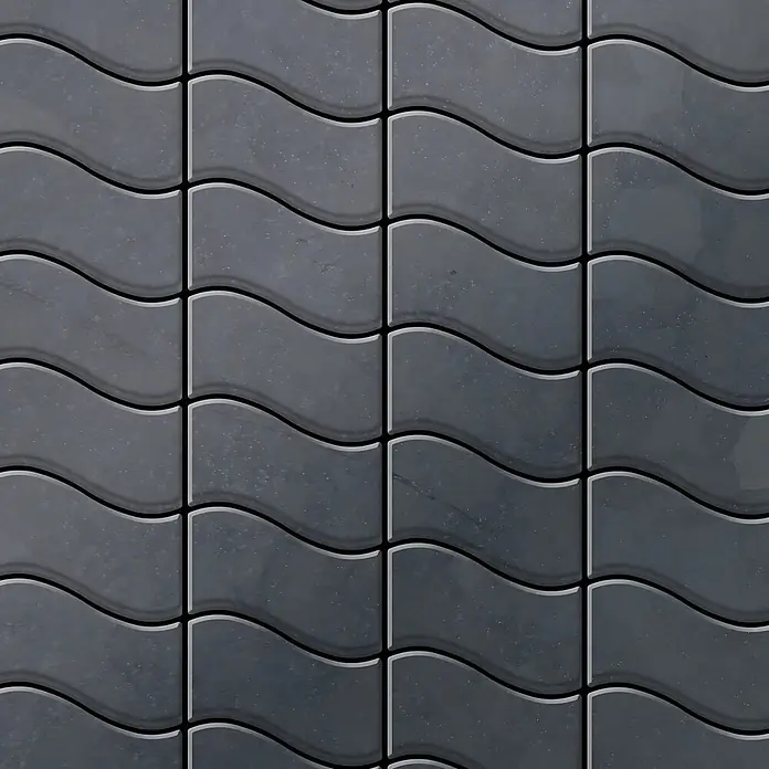 ALLOY Mosaikfliese Mosaik Fliese massiv Metall Rohstahl gewalzt grau 1,6mm stark Flux-RS - 318 x 305 mm, Grau, Sonstiges - Dunkelgraue Wellenfliesen in einem wiederholten Muster.