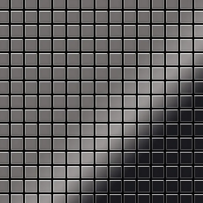 ALLOY Mosaikfliese Mosaik Fliese massiv Metall Titan hochglanz dunkelgrau 1,6mm Mosaic-Ti-SM - 322 x 322 mm, Schwarz, Grau, Hochglänzend - Glänzende graue quadratische Mosaikfliesen bilden ein Gittermuster mit einem dunklen Verlauf.
