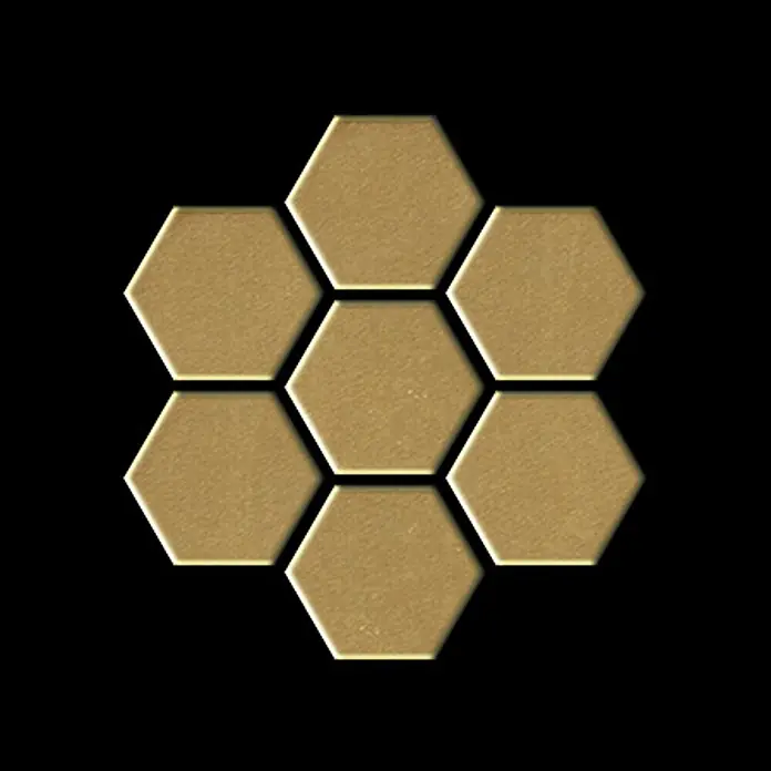 ALLOY Mosaikfliese Mosaik Fliese massiv Metall Messing gewalzt gold 1,6mm stark Honey-BM - 329 x 332 mm, Gold, Sonstiges - Sieben goldene sechseckige Fliesen in Wabenmuster angeordnet.