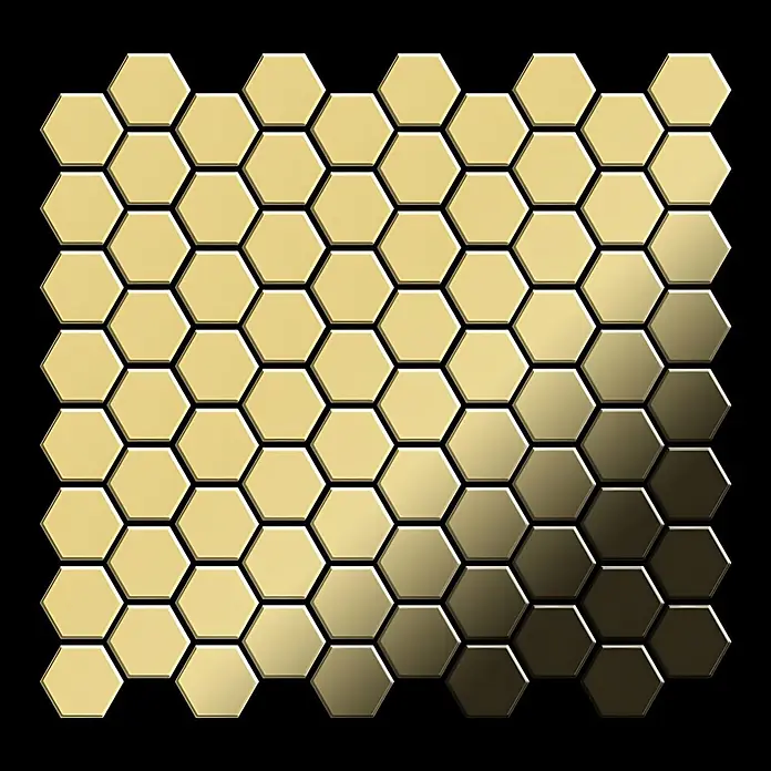 ALLOY Mosaikfliese Mosaik Fliese massiv Metall Messing gewalzt gold 1,6mm stark Honey-BM - 329 x 332 mm, Gold, Sonstiges - Goldene sechseckige Mosaikfliesen mit metallischem Helligkeitsverlauf.