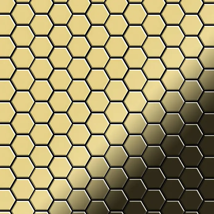 ALLOY Mosaikfliese Mosaik Fliese massiv Metall Messing gewalzt gold 1,6mm stark Honey-BM - 329 x 332 mm, Gold, Sonstiges - Goldenes Wabenmuster mit Farbverlauf von hellem zu dunklem Bronze.