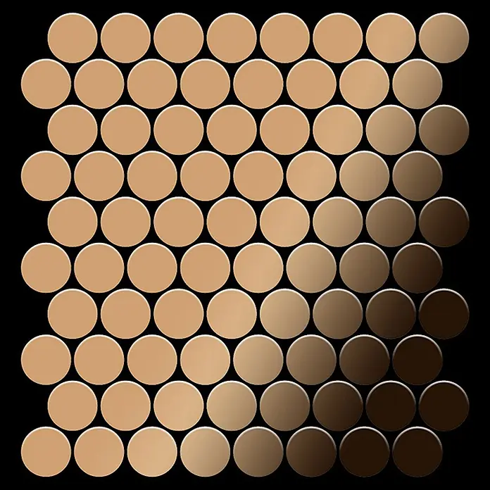 ALLOY Mosaikfliese Mosaik Fliese massiv Titan hochglänzend kupfer 1,6mm stark Dollar-Ti-AM - 295 x 322 mm, Bronze, Hochglänzend - Runde Mosaikfliesen in einem Farbverlauf von Hellbeige zu Dunkelbraun.