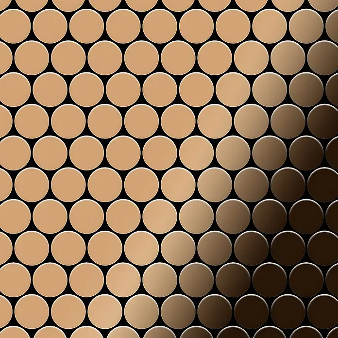 ALLOY Mosaikfliese Mosaik Fliese massiv Titan hochglänzend kupfer 1,6mm stark Dollar-Ti-AM - 295 x 322 mm, Bronze, Hochglänzend - Kreisförmige Mosaikfliesen im Farbverlauf von hellem Beige zu Dunkelbraun.