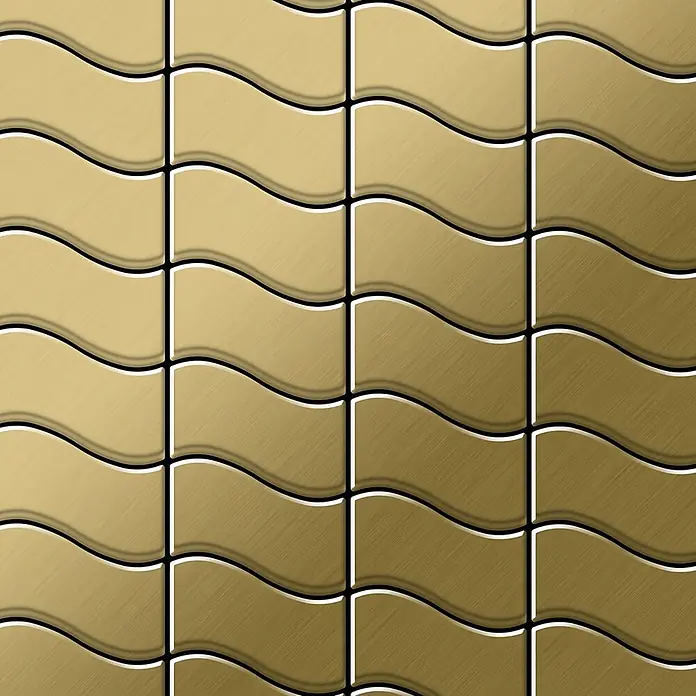 ALLOY Mosaikfliese Mosaik Fliese massiv Metall Titan gebürstet gold 1,6mm stark Flux-Ti-GB - 318 x 305 mm, Gold, Sonstiges - Goldfarbene Wellenfliesen mit gebürsteter Metalltextur, die ein ineinandergreifendes Gitter bilden.