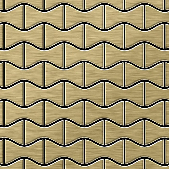 ALLOY Mosaikfliese Mosaik Fliese massiv Metall Titan gebürstet gold 1,6mm stark Kismet-Ti-GB - 329 x 299 mm, Gold, Sonstiges - Nahtloses Muster aus gebürsteten, goldenen, ineinandergreifenden Fliesen mit schwarzen Umrissen.