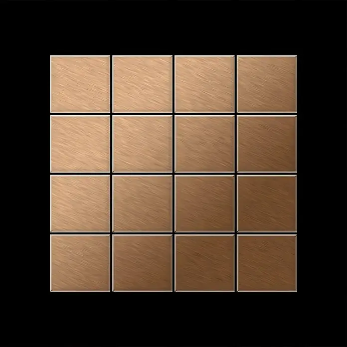 ALLOY Mosaikfliese Mosaik Fliese massiv Titan gebürstet kupfer 1,6mm stark Cinquanta-Ti-AB - 306 x 306 mm, Bronze, Sonstiges - Ein 4x4 Raster aus quadratischen, gebürsteten braunen Metallfliesen, von links nach rechts dunkler werdend.