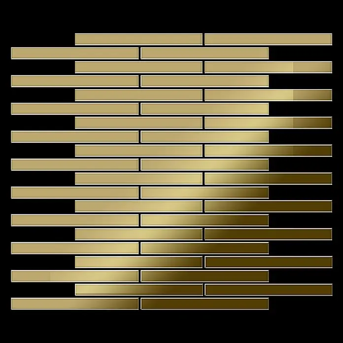 ALLOY Mosaikfliese Mosaik Fliese massiv Titan hochglänzend gold 1,6mm stark Avenue-Ti-GM - 289 x 315 mm, Gold, Hochglänzend - Rechteckige Mosaikfliesen mit metallischem Gold- bis Bronze-Farbverlauf, in versetztem Muster angeordnet.