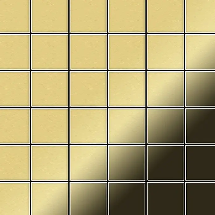 ALLOY Mosaikfliese Mosaik Fliese massiv Metall Messing gewalzt gold 1,6mm stark Cinquanta-BM - 306 x 306 mm, Gold, Sonstiges - Texturierte goldene und bronzefarbene Metallquadrate in einem Farbverlaufsmuster.