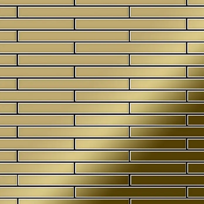 ALLOY Mosaikfliese Mosaik Fliese massiv Titan hochglänzend gold 1,6mm stark Avenue-Ti-GM - 289 x 315 mm, Gold, Hochglänzend - Goldene rechteckige Mosaikfliesen mit Metallic-Glanz im versetzten Muster.