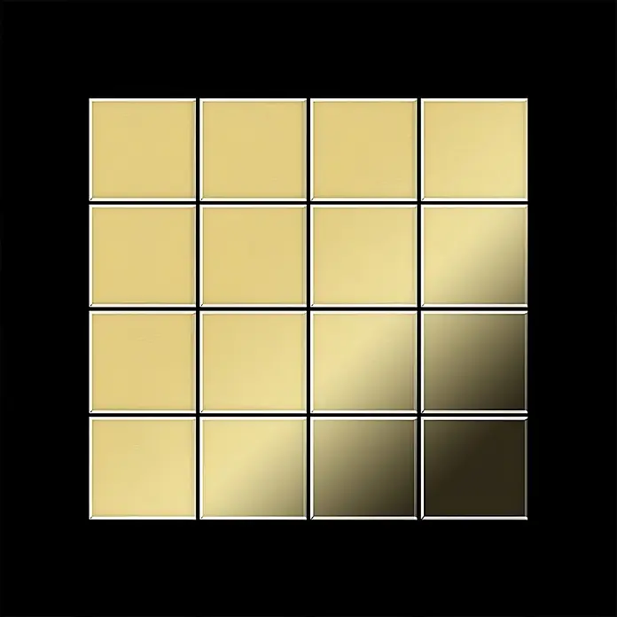 ALLOY Mosaikfliese Mosaik Fliese massiv Metall Messing gewalzt gold 1,6mm stark Cinquanta-BM - 306 x 306 mm, Gold, Sonstiges - Raster aus 16 quadratischen Metallfliesen, das von hellem Gold zu dunklem Messing übergeht.