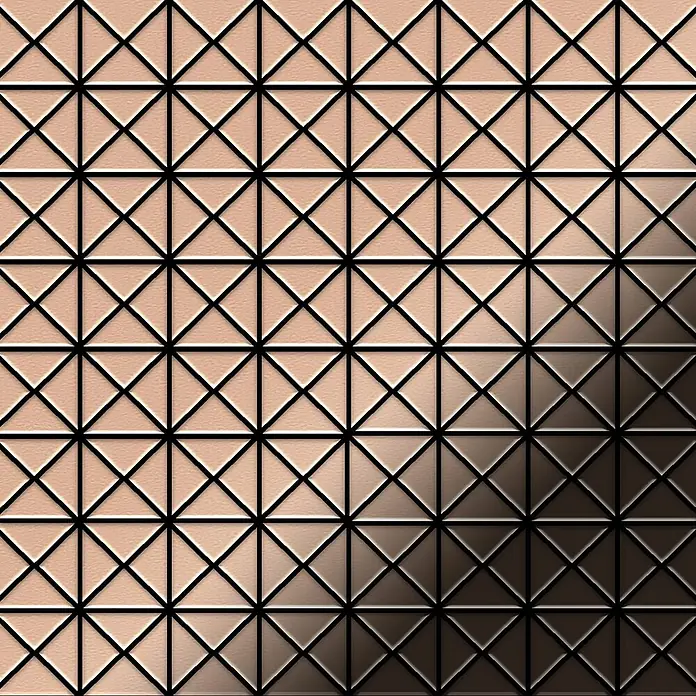 ALLOY Mosaikfliese Mosaik Fliese massiv Metall Kupfer gewalzt kupfer 1,6mm stark Deco-CM - 303 x 303 mm, Bronze, Sonstiges - Geprägtes geometrisches Muster aus Quadraten und Dreiecken, von Hellbeige zu Dunkelbraun verlaufend.