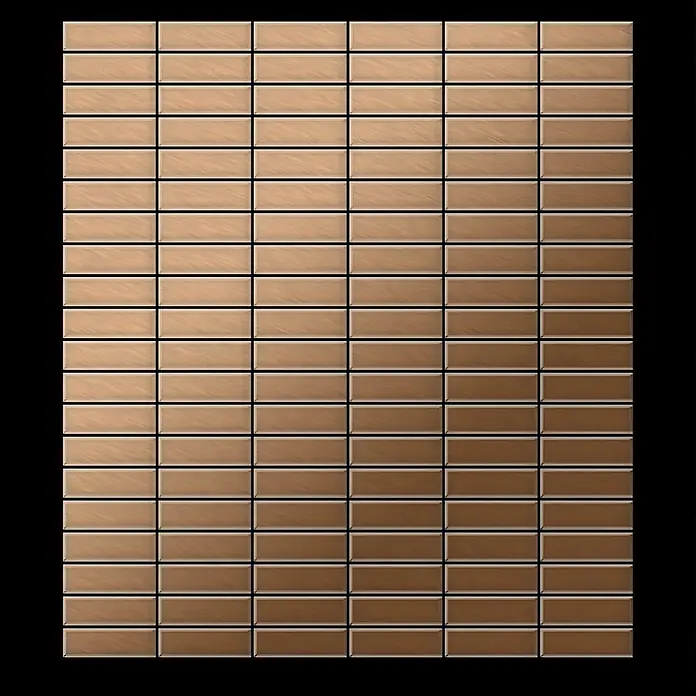 ALLOY Mosaikfliese Mosaik Fliese massiv Metall Titan gebürstet kupfer 1,6mm stark Cabin-Ti-AB - 316 x 329 mm, Bronze, Sonstiges - Rechteckige Fliesen in Holzoptik mit Farbverlauf von hellem Beige zu Dunkelbraun, vertikal angeordnet.