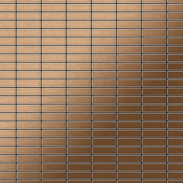 ALLOY Mosaikfliese Mosaik Fliese massiv Metall Titan gebürstet kupfer 1,6mm stark Cabin-Ti-AB - 316 x 329 mm, Bronze, Sonstiges - Rechteckige, geprägte braune Fliesen mit Holzmaserung und subtilem Farbverlauf.