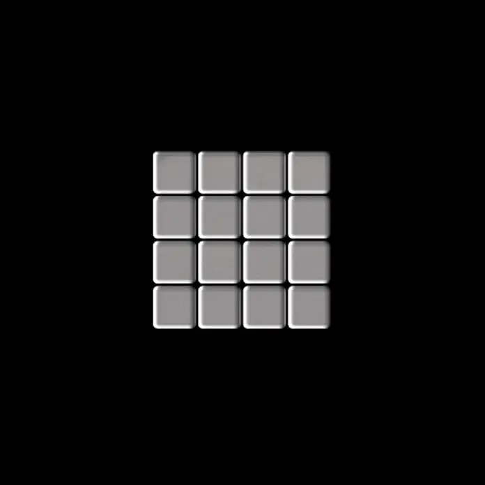 ALLOY Mosaikfliese Mosaik Fliese massiv Metall Edelstahl matt grau 1,6mm stark Glomesh-S-S-MA - 316 x 316 mm, Grau, Silber, Matt - Ein 4x4-Raster aus 16 hellgrauen, abgerundeten quadratischen Tasten.