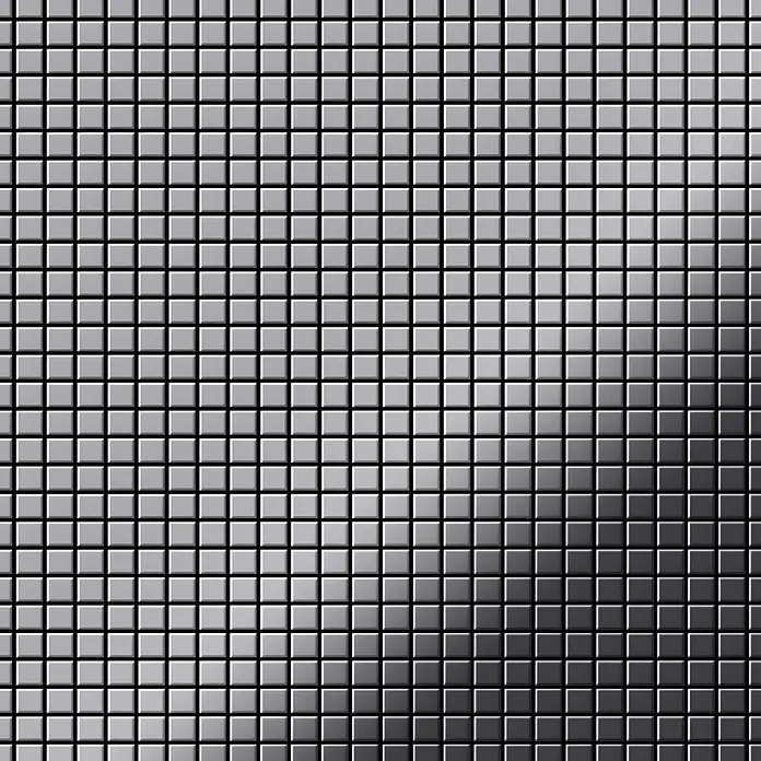 ALLOY Mosaikfliese Mosaik Fliese massiv Metall Edelstahl matt grau 1,6mm stark Glomesh-S-S-MA - 316 x 316 mm, Grau, Silber, Matt - Nahtloses Muster aus kleinen, glänzenden silbernen quadratischen Mosaikfliesen mit Farbverlauf.