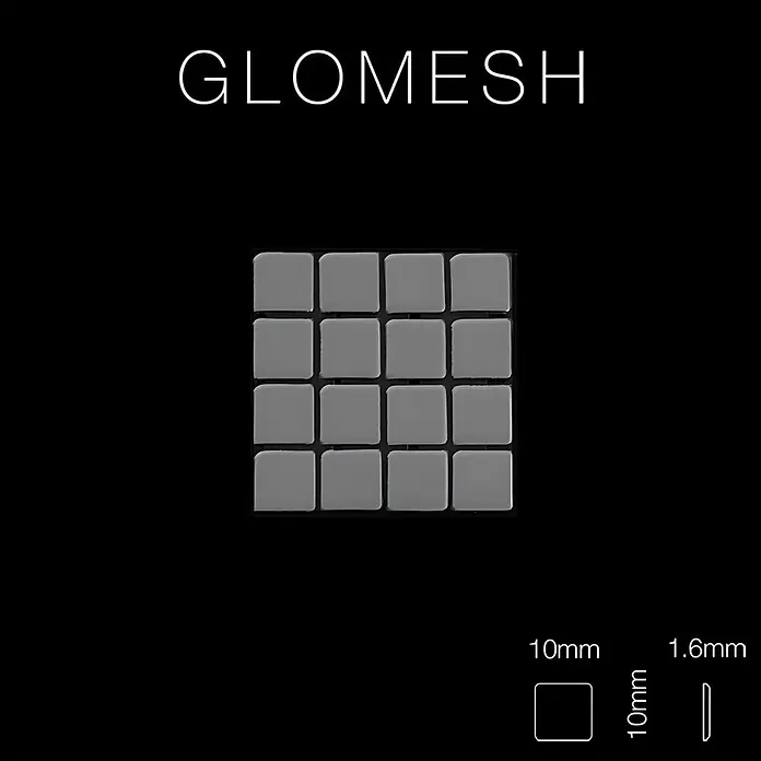 ALLOY Mosaikfliese Mosaik Fliese massiv Metall Edelstahl matt grau 1,6mm stark Glomesh-S-S-MA - 316 x 316 mm, Grau, Silber, Matt - Ein 4x4-Gitter aus 16 hellgrauen Glomesh-Quadraten. Jede Fliese misst 10x10mm und ist 1,6mm dick.