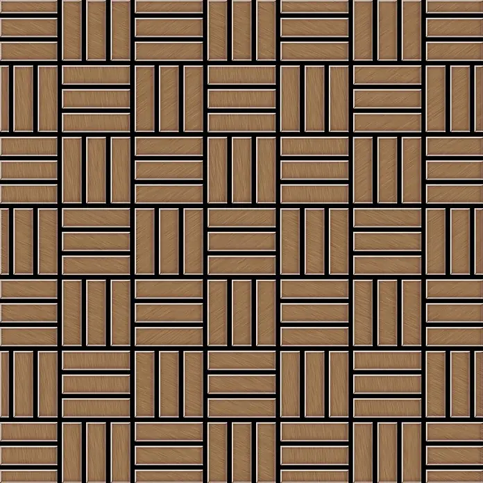 ALLOY Mosaikfliese Mosaik Fliese massiv Metall Titan gebürstet kupfer 1,6mm Basketweave-Ti-AB - 288 x 288 mm, Bronze, Sonstiges - Brauner Holzparkettboden mit geometrischem Korbflechtmuster und Holzmaserung.