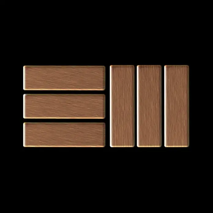 ALLOY Mosaikfliese Mosaik Fliese massiv Metall Titan gebürstet kupfer 1,6mm Basketweave-Ti-AB - 288 x 288 mm, Bronze, Sonstiges - Stilisiertes Logo oder Name 'RUSS' aus hellbraunen Holzblöcken.