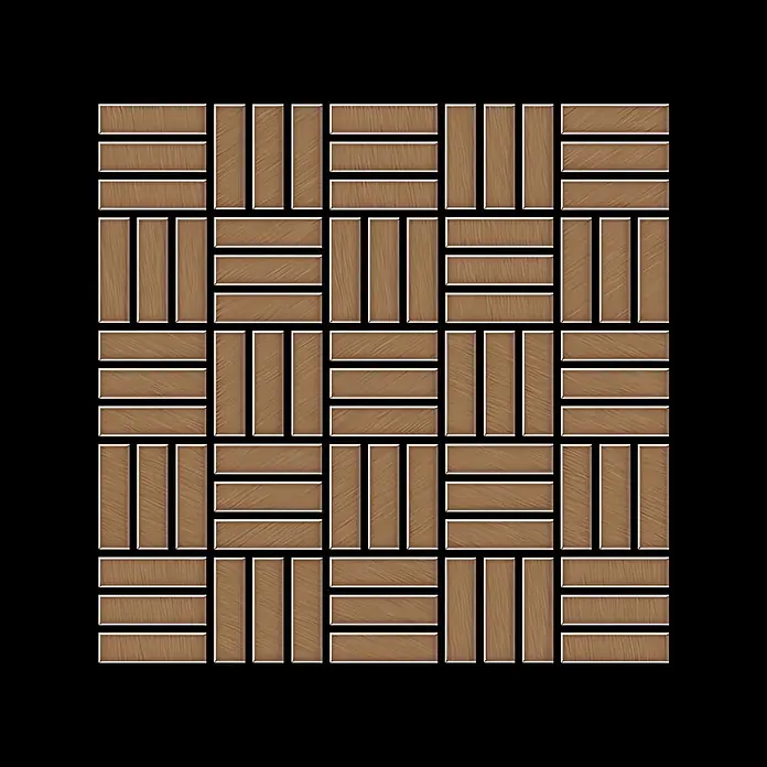 ALLOY Mosaikfliese Mosaik Fliese massiv Metall Titan gebürstet kupfer 1,6mm Basketweave-Ti-AB - 288 x 288 mm, Bronze, Sonstiges - Braune Holzfußbodenbretter im Korbmuster angeordnet.