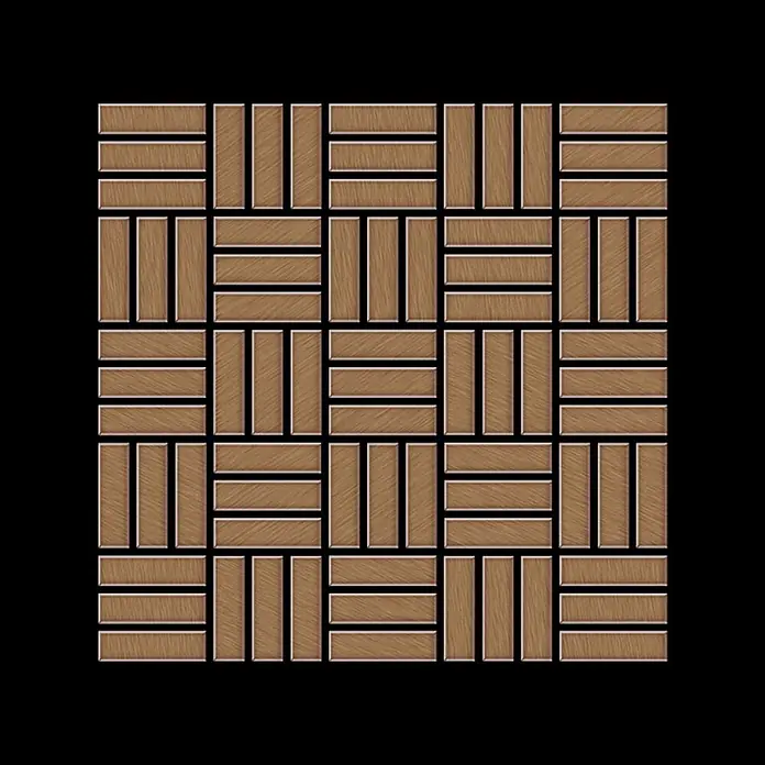 ALLOY Mosaikfliese Mosaik Fliese massiv Metall Titan gebürstet kupfer 1,6mm Basketweave-Ti-AB - 288 x 288 mm, Bronze, Sonstiges - Braune Holzfliesen mit sichtbarer Maserung, in Flechtmuster angeordnet.